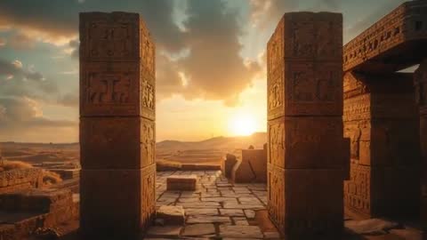 Sunlight illuminating ancient desert temple ruins with carved pillars and sweeping dunes