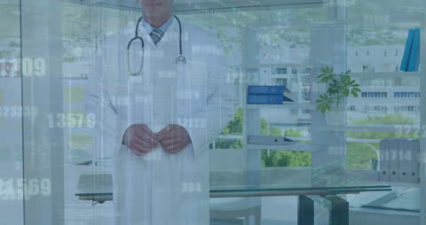 Caucasian Doctor with Blended Data Elements in Futuristic Office