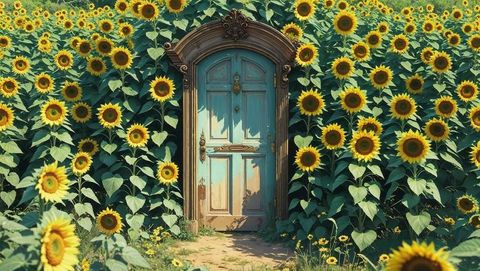 Magical turquoise anime door in lush rural sunflower field