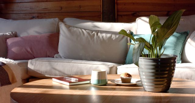 Close up of cup of coffee, notebook, cookie and plant on table at sunny home. Relaxation, free time and domestic life.