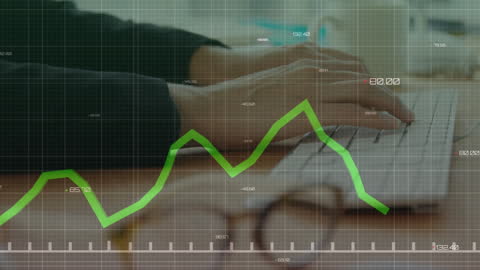 Hands Typing on Keyboard with Digital Data Graphics Overlay