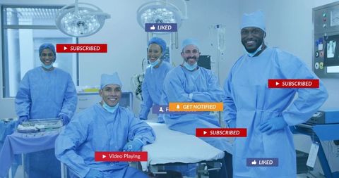 Multicultural surgical team posing smiling in operating room with social media overlays