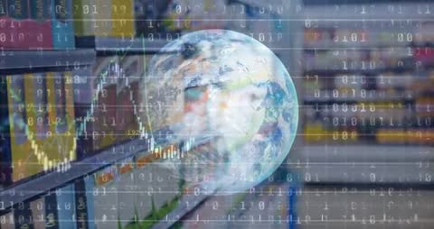 Holographic globe rising over library shelves while binary overlay and finance charts sweep