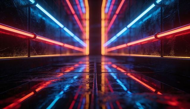 Futuristic neon corridor glowing with red, blue and orange tubes, reflecting on wet floor