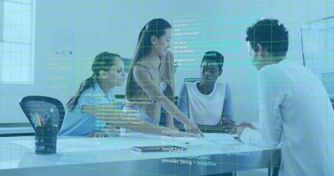 Diverse Team Collaborating with Coding Interface Overlay