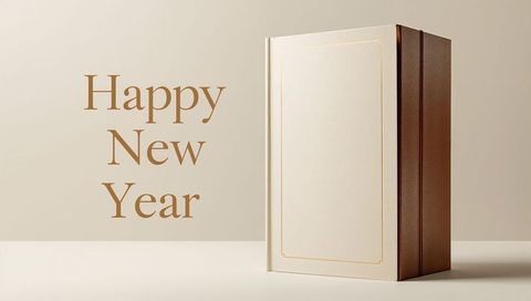 Standing Elegant Cream and Brown Gift Box with Happy New Year Typography and Copy Space