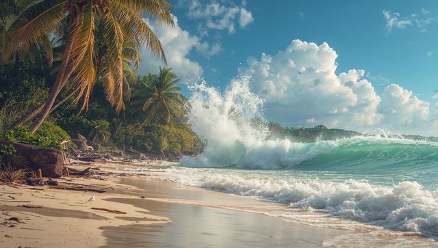 Turquoise Wave Splashing onto Idyllic Tropical Shoreline with Palm Trees