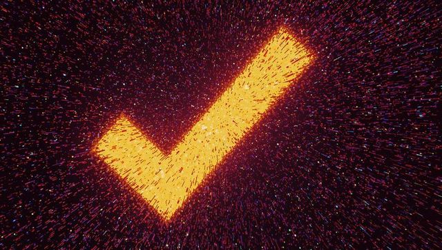 Glowing check mark in space with neon particle streaks