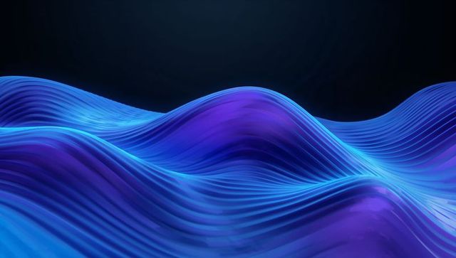 Flowing Blue-Violet Ribbed Waves: Luminous 3D Ribbons Creating Smooth Grooved Waveforms