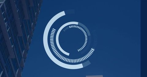 Futuristic HUD Rings Overlaying Skyscraper Facade Against Clear Blue Sky for Tech Visuals