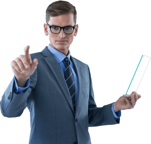 Transparent businessman interacting with digital screen