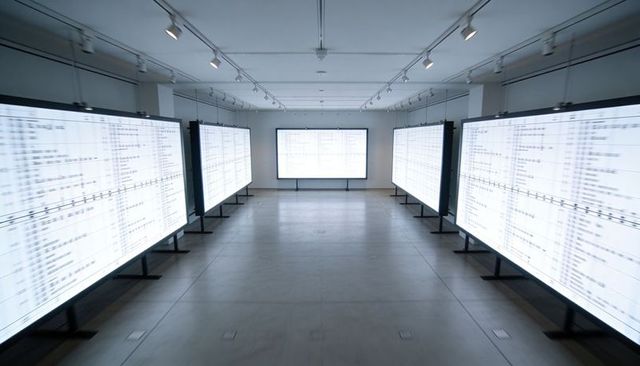 Symmetrical led panel installation showing blurred data displays in minimal gallery aisle
