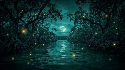 Mystical Mangrove Swamp Under Full Moon with Glowing Fireflies