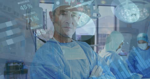 Senior Surgeon with Infographic Overlay in Operating Room
