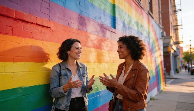 Two women laughing and talking beside vibrant rainbow mural on city sidewalk at sunset