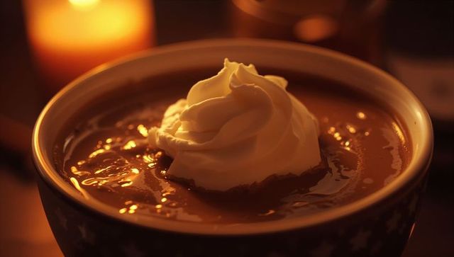 Caramel Latte with Whipped Cream in Candlelit Ambiance