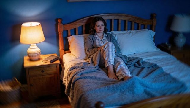 Woman sitting on wooden bed in plaid pajamas holding blanket by warm bedside lamp at night