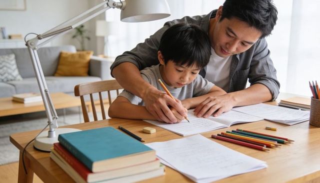 Father guiding son through homework at home study table, tutoring and learning support