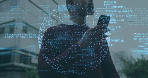 Holding phone, tech professional viewing holographic Python code and data visualization