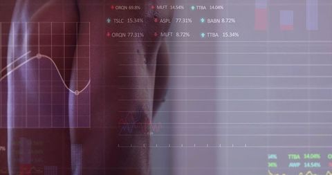 Projecting male torso with augmented reality data overlay, financial charts, minimalist lighting