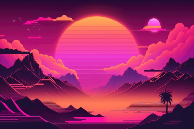Pink and purple landscape with sun and mountains, created using generative ai technology. Vaporwave background and colour concept digitally generated image.
