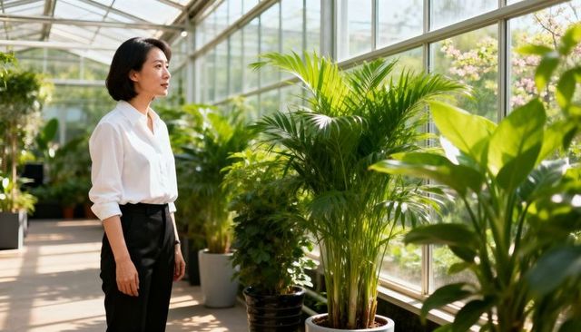 Woman observing potted palms in sunlit greenhouse conservatory, urban botanical wellness