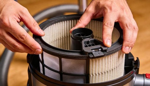Hands removing pleated hepa filter from canister vacuum performing diy home maintenance