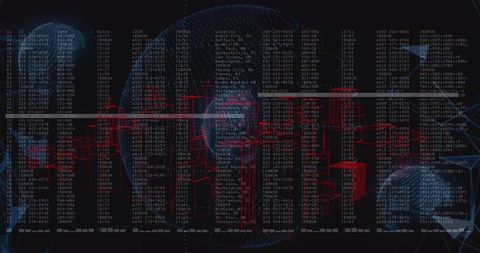 Red wireframe data visualization over global digital network dashboard with data streams