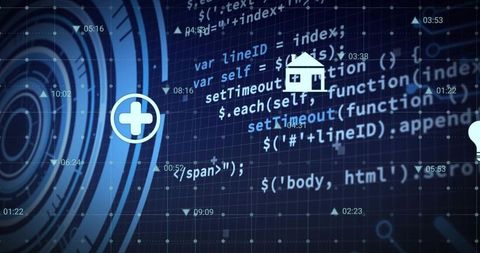 Displaying code and ui icons on digital dashboard grid with radar rings and data nodes