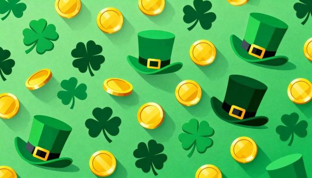 St patrick's day seamless pattern featuring green leprechaun hats, gold coins, shamrocks