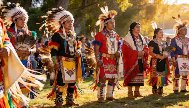 Indigenous powwow dancers wearing feather headdresses and beaded regalia at sunset