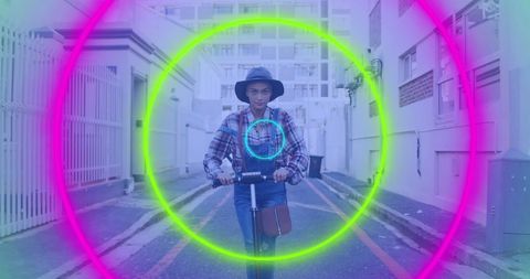 Trendy Woman on Scooter with Vibrant Colored Circles Overlay