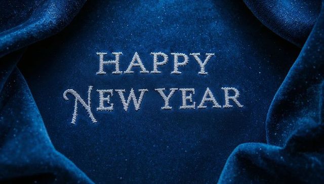 Silver Embroidered Happy New Year Text on Luxurious Blue Velvet Folds with Metallic Thread