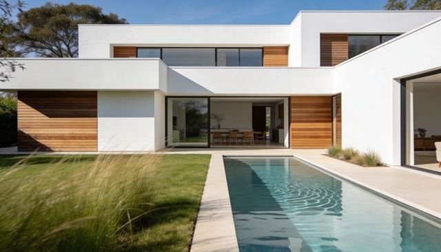Contemporary minimalist two-story residence opening to backyard pool with sliding doors