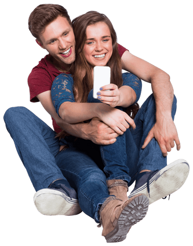 Transparent Cheerful Couple Taking Selfies on White Background