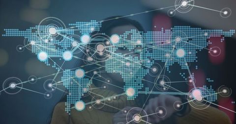 Woman Engaging Digital World Map with Glowing Nodes in Futuristic Laboratory