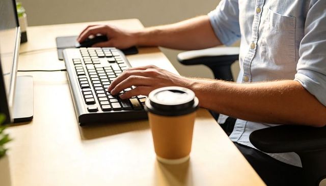 Typing on keyboard at minimalist workstation with takeaway coffee and rolled sleeves