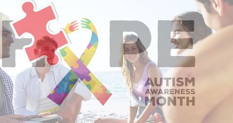 Autism Awareness Concept with Friends Celebrating at Beach