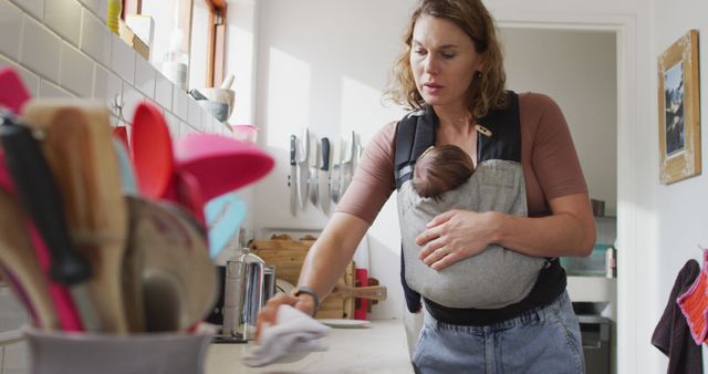 Image of caucasian mother with newborn baby in baby carrier cleaning kitchen - Download Free Stock Photos Pikwizard.com