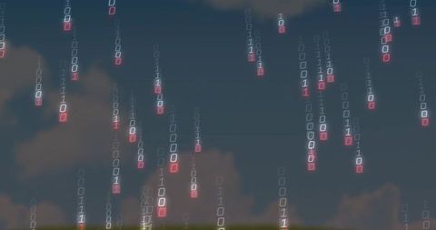 Streaming Binary Rain Over Dusk Sky with Neon Red Digits and Soft Cloud Silhouettes