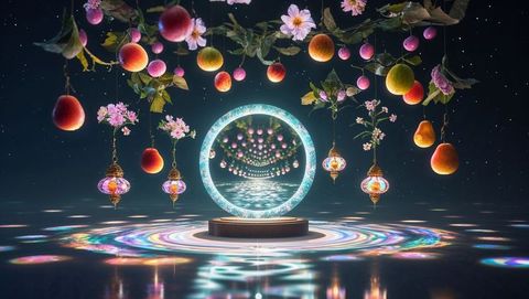 Mystical glowing portal with floating lanterns and fruits, vishu festival