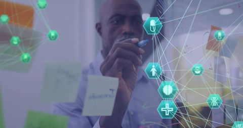 African businessman visualizing digital network concepts