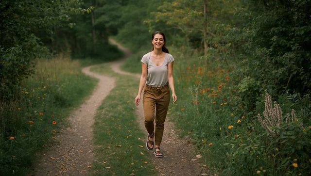 Walking woman enjoying peaceful forest trail with wildflowers and casual summer outfit