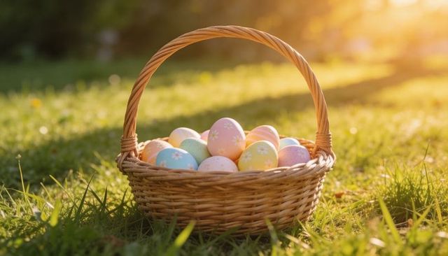 Wicker basket holding pastel easter eggs on backlit meadow grass at golden hour