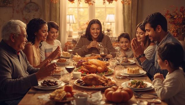 Multigenerational Family Gathering Around Long Table Sharing Thanksgiving Feast at Home