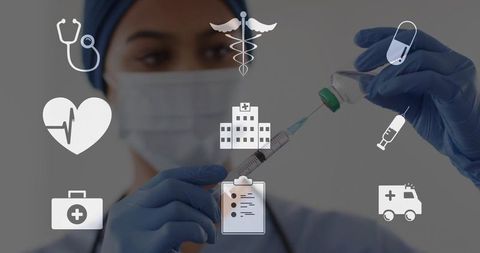 Nurse wearing headscarf preparing vaccine with syringe and vial, mask and gloves