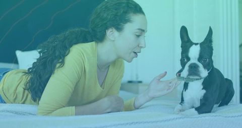 Woman Interacting with Dog on Bed in Relaxed Atmosphere