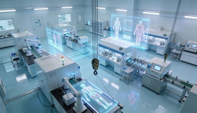Robotic biomedical manufacturing line showing holographic anatomy and automated cleanroom production