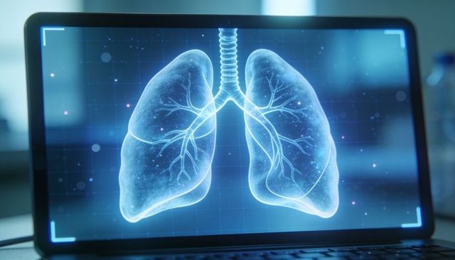 Holographic 3d lungs on laptop for futuristic medical diagnostics and ai visualization