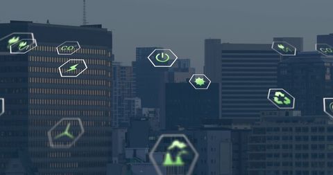 Tech icons overlay on urban cityscape skyscrapers